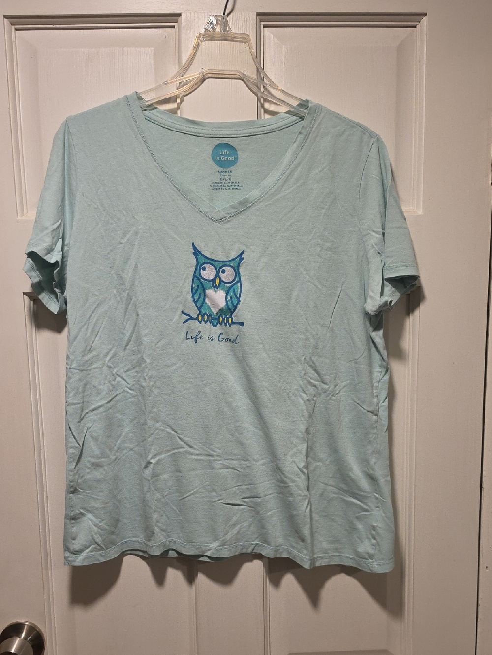 Life Is Good Mint Blue V-Neck Tee with Owl Graphic